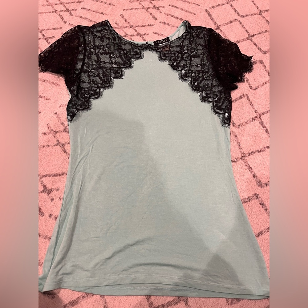 VENUS Black and Aqua Lace Sleeve Top
